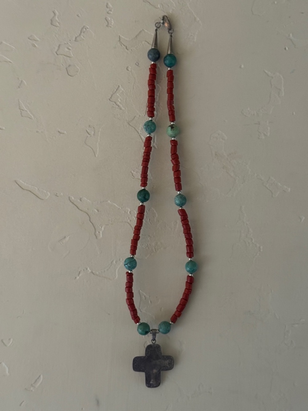 Red and Turquoise Beaded Necklace with Cross Pendant - Women Jewelry